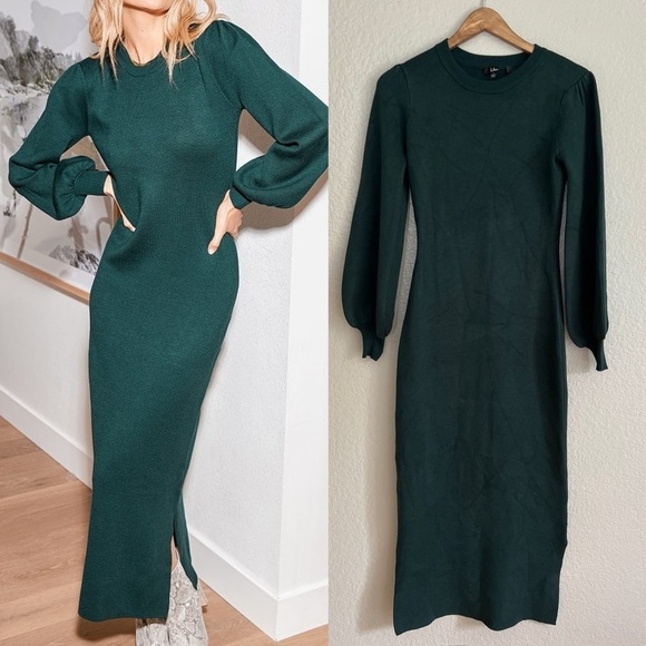 Rhapsodize Emerald Green Balloon Sleeve Midi Sweater Dress - Picture 1 of 4